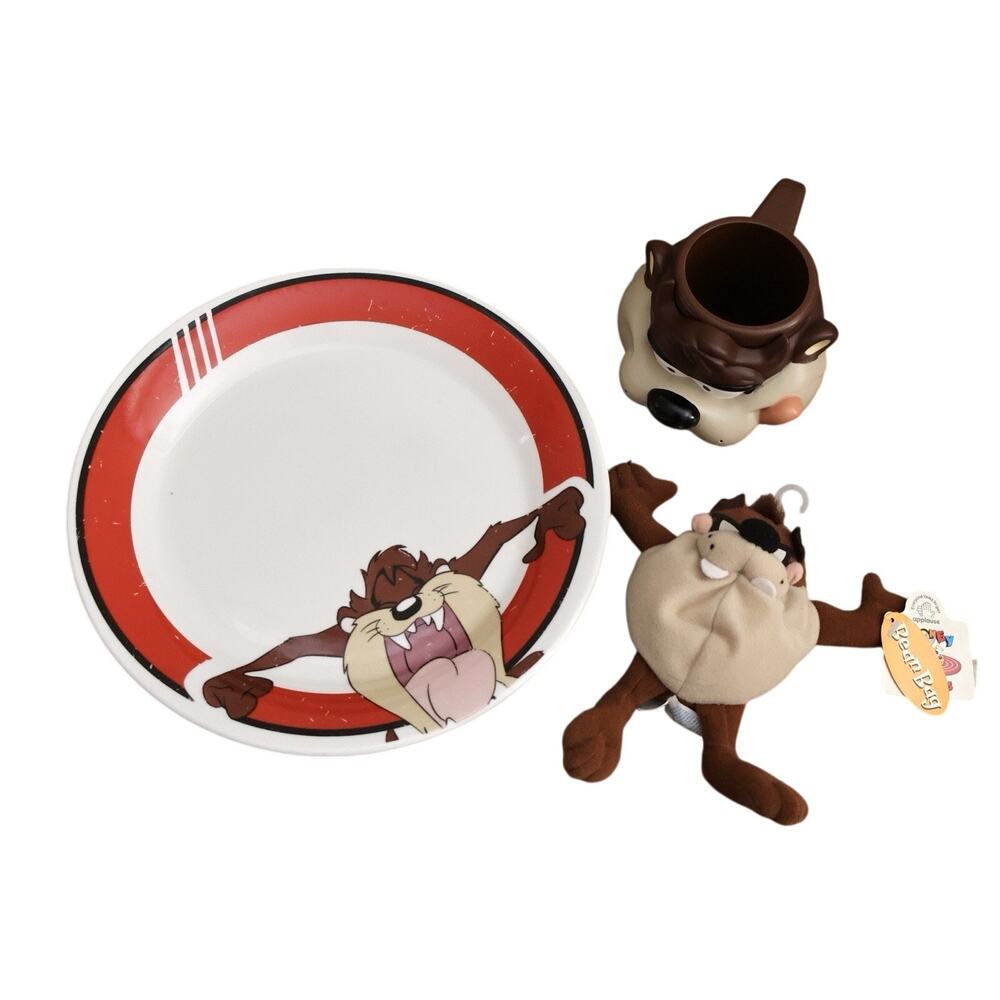 Vintage Looney Tunes Taz Dinner Plate Applause Bean Bag & Rubber 3D Cup Mug Lot